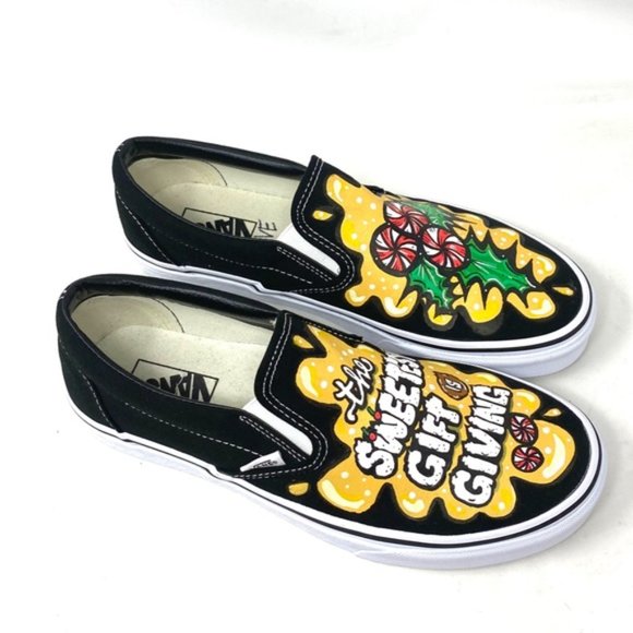VANS Slip On Sneakers Canvas Yellow Black Men's Skate Low Top Custom Alsu01247 - Picture 5 of 10